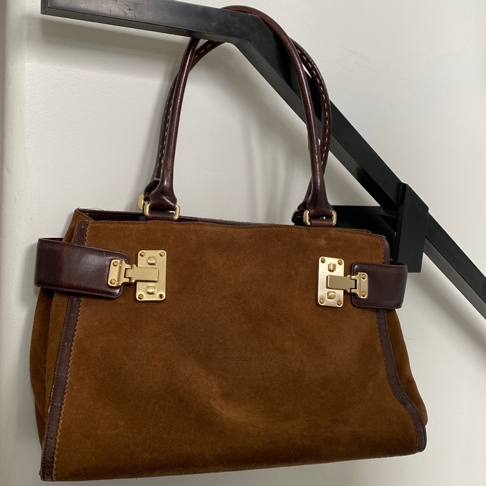 Ann Taylor coffee color suede handbag with leather trim & brushed gold hardware.